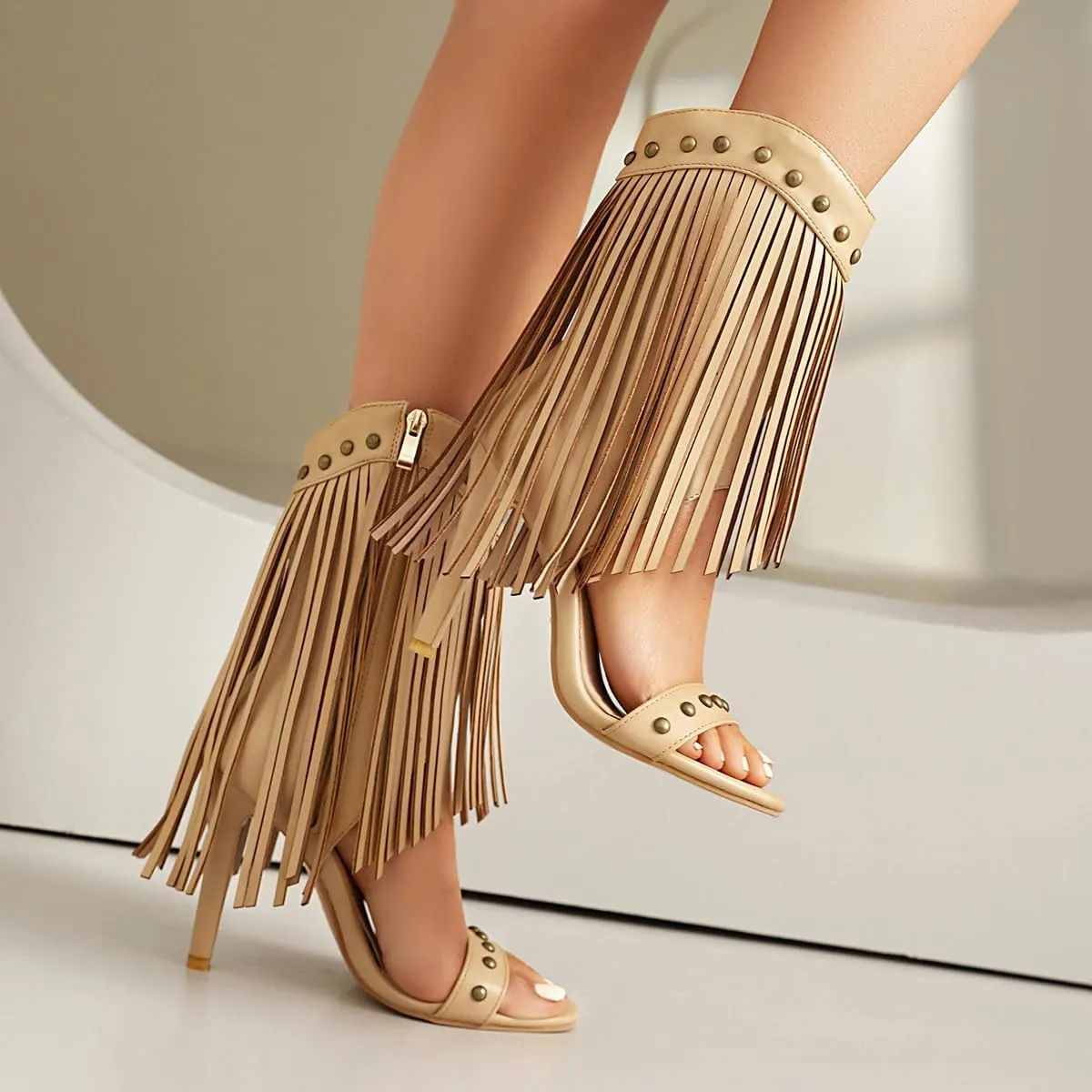 SACFOF Womens Open Toe Fringe Stiletto High Heels Sandals Studded High Heeled Dress Wedding Gladiator Sandals