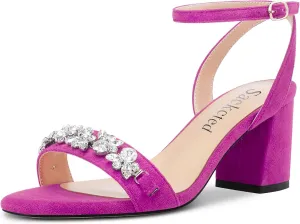 Saekcted Women Chunky Block Mid Heel Peep Open Toe Sandals Ankle Strap Rhinestone Crystal Casual Dress Shoes