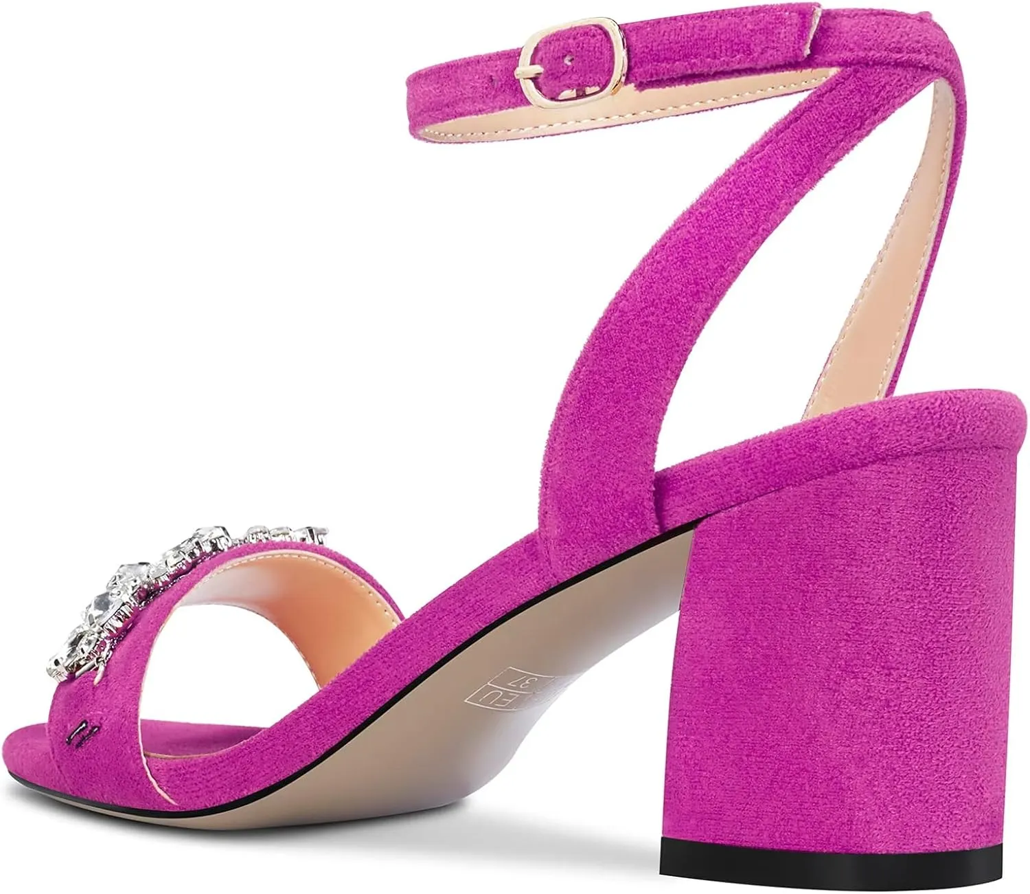 Saekcted Women Chunky Block Mid Heel Peep Open Toe Sandals Ankle Strap Rhinestone Crystal Casual Dress Shoes
