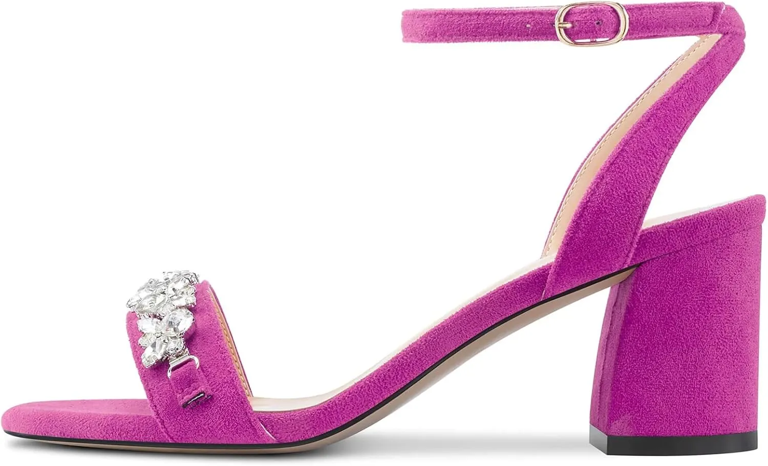 Saekcted Women Chunky Block Mid Heel Peep Open Toe Sandals Ankle Strap Rhinestone Crystal Casual Dress Shoes