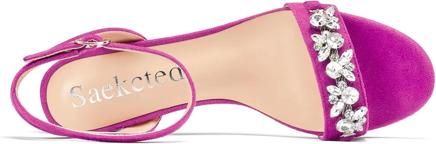 Saekcted Women Chunky Block Mid Heel Peep Open Toe Sandals Ankle Strap Rhinestone Crystal Casual Dress Shoes