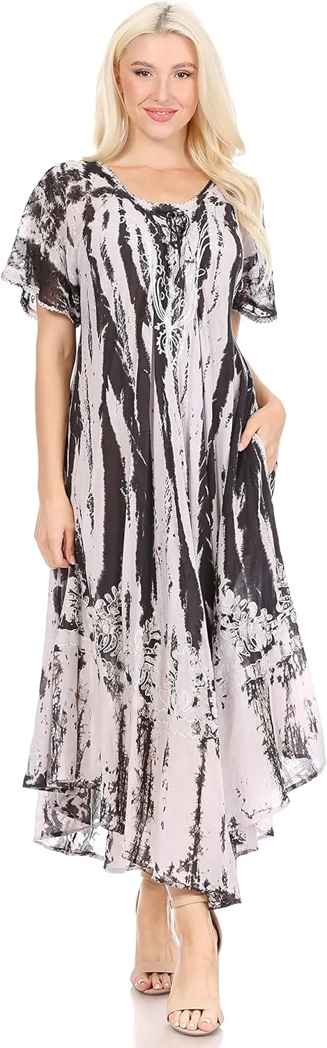 Sakkas Devora Women's Maxi Nightgown Caftan Kaftan Dress Tie Dye Batik & Corset