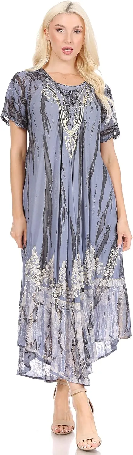 Sakkas Devora Women's Maxi Nightgown Caftan Kaftan Dress Tie Dye Batik & Corset
