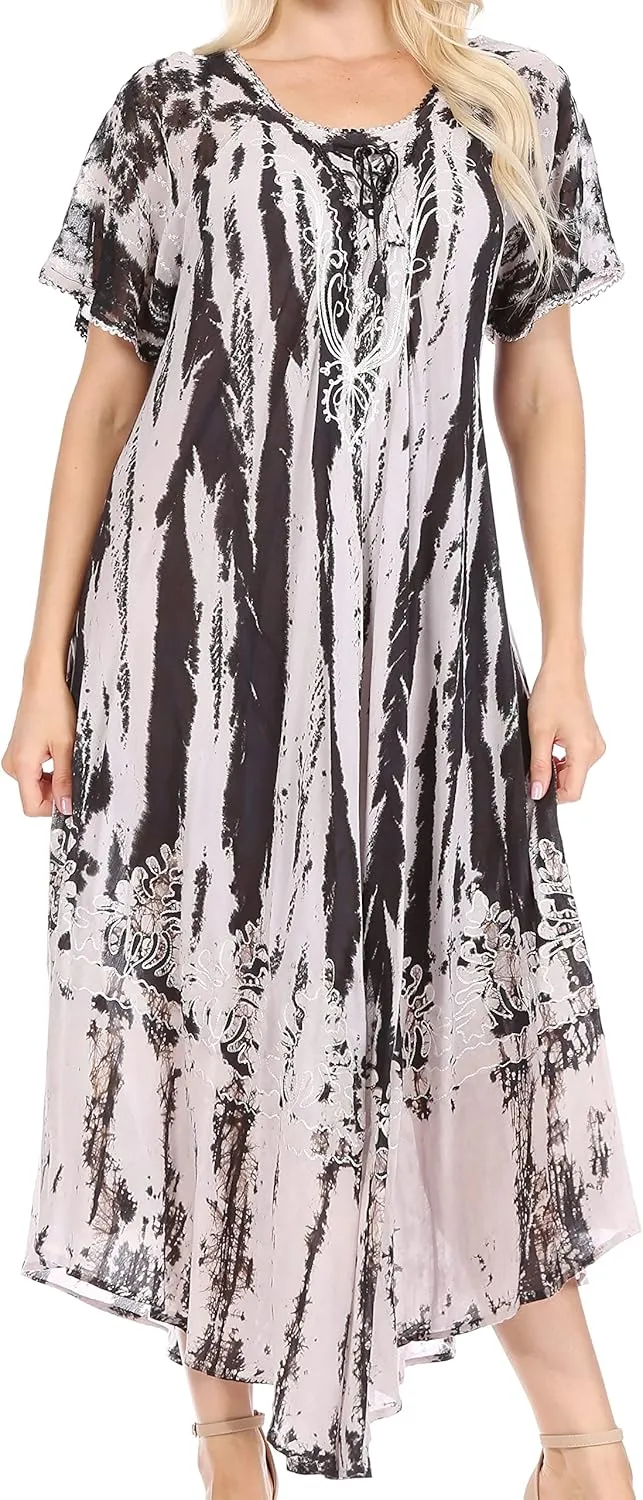 Sakkas Devora Women's Maxi Nightgown Caftan Kaftan Dress Tie Dye Batik & Corset