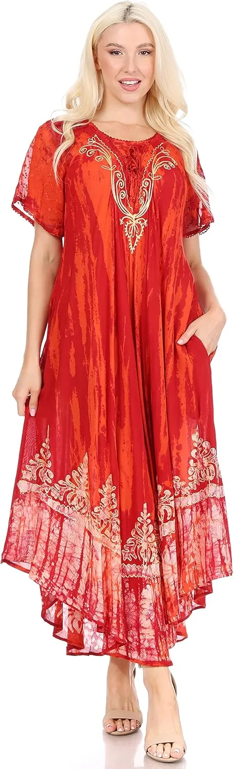 Sakkas Devora Women's Maxi Nightgown Caftan Kaftan Dress Tie Dye Batik & Corset