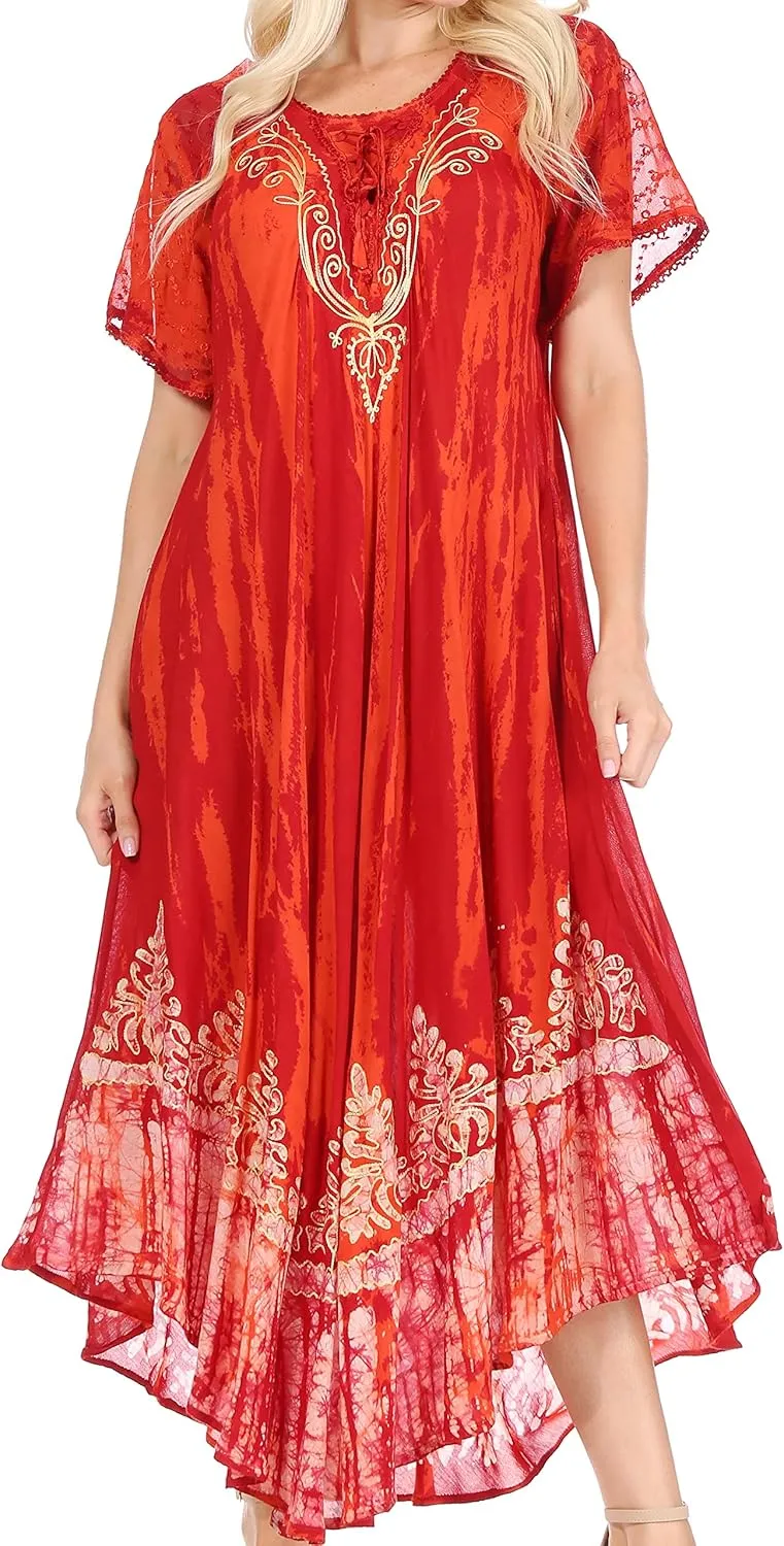 Sakkas Devora Women's Maxi Nightgown Caftan Kaftan Dress Tie Dye Batik & Corset