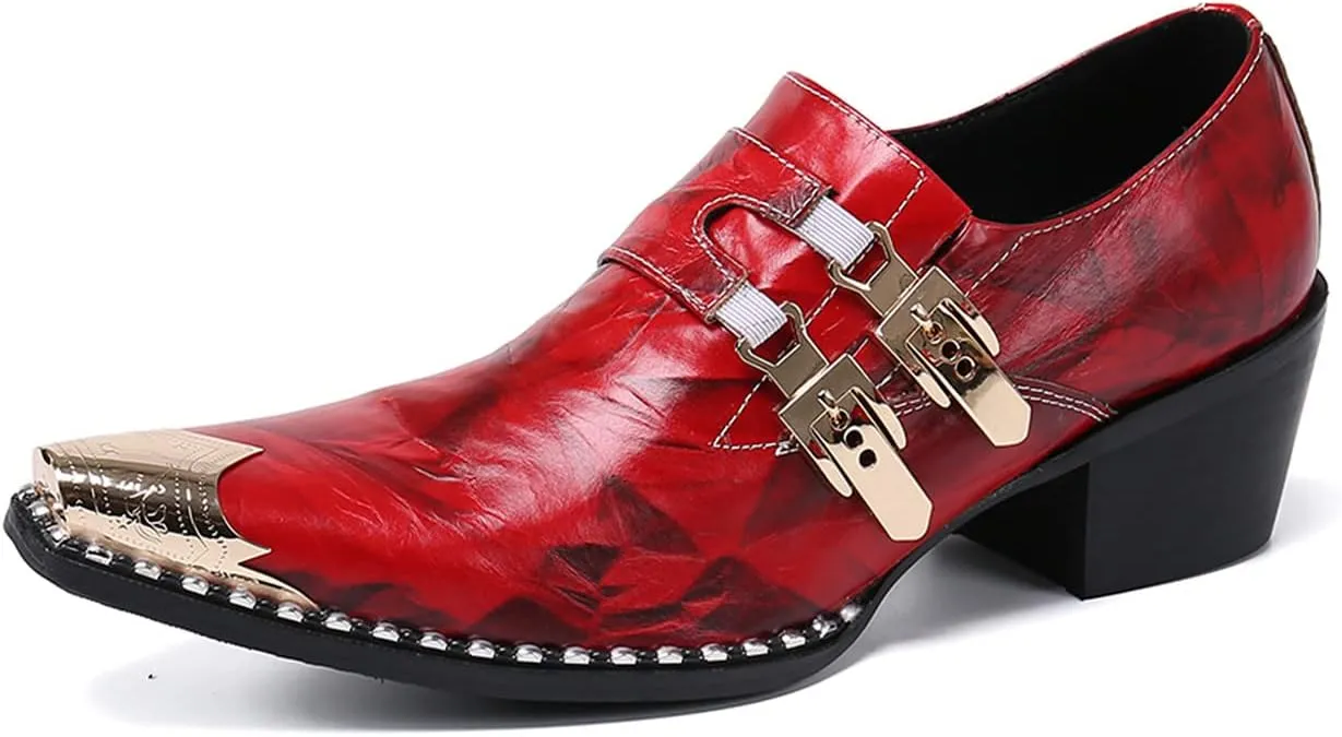 Santimon Mens Western Boots Leather Fashion Casual Metal Tip Slip on Dress Shoes