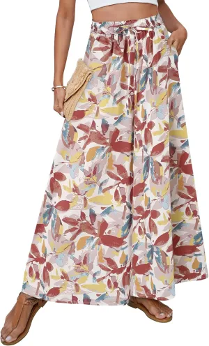 SimpleFun Women's Palazzo Pants Boho Floral Wide Leg Trousers Summer Beach High Waisted Flowy Pants with Pockets