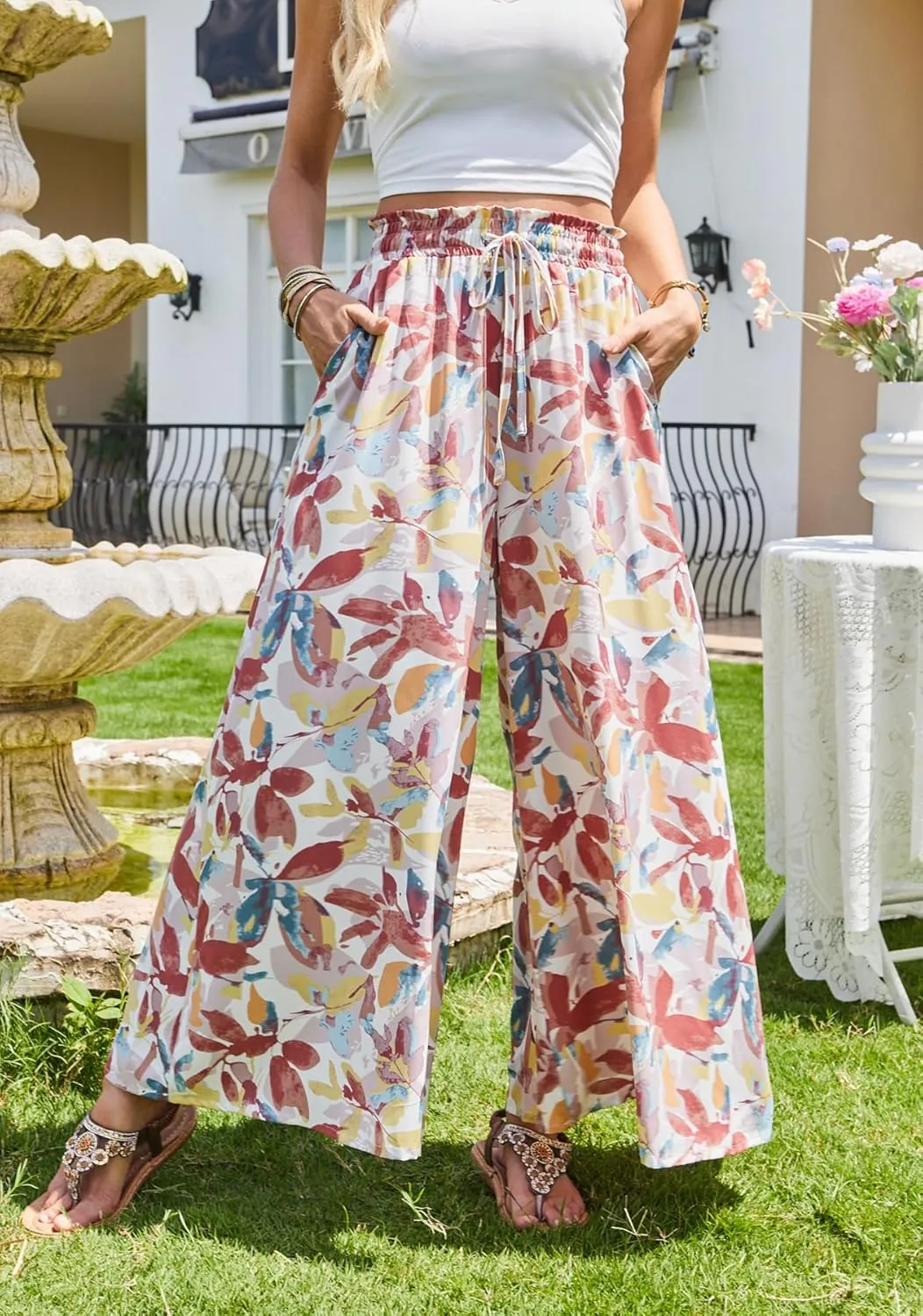 SimpleFun Women's Palazzo Pants Boho Floral Wide Leg Trousers Summer Beach High Waisted Flowy Pants with Pockets