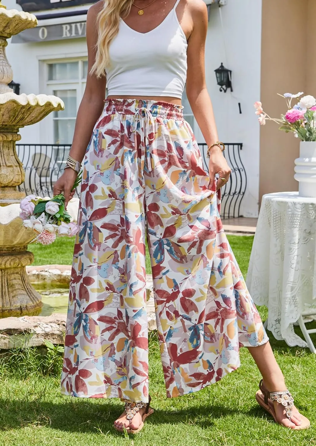 SimpleFun Women's Palazzo Pants Boho Floral Wide Leg Trousers Summer Beach High Waisted Flowy Pants with Pockets