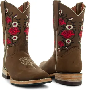 Soto Boots K3009 Girls Red Rose Square Toe Cowboy Boots (Tan,10)
