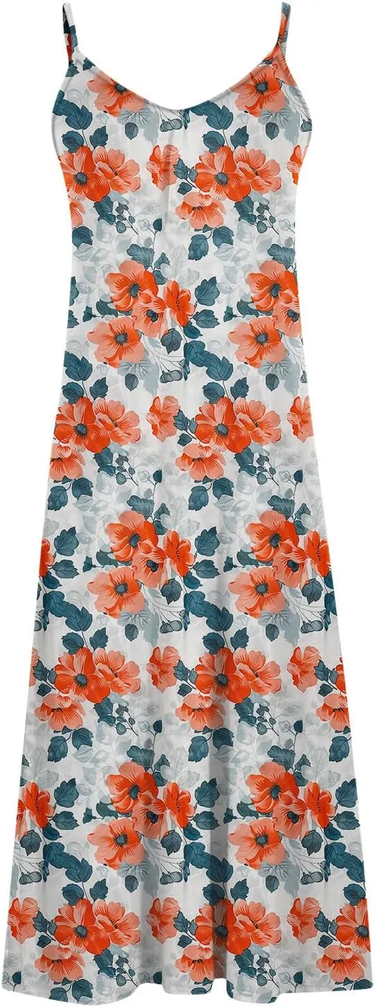 Summer Casual Dresses for Women Floral Vintage Summer Sleeveless Spaghetti Strap Dress Maxi V-Neck Casual Dresses