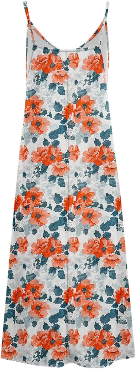 Summer Casual Dresses for Women Floral Vintage Summer Sleeveless Spaghetti Strap Dress Maxi V-Neck Casual Dresses