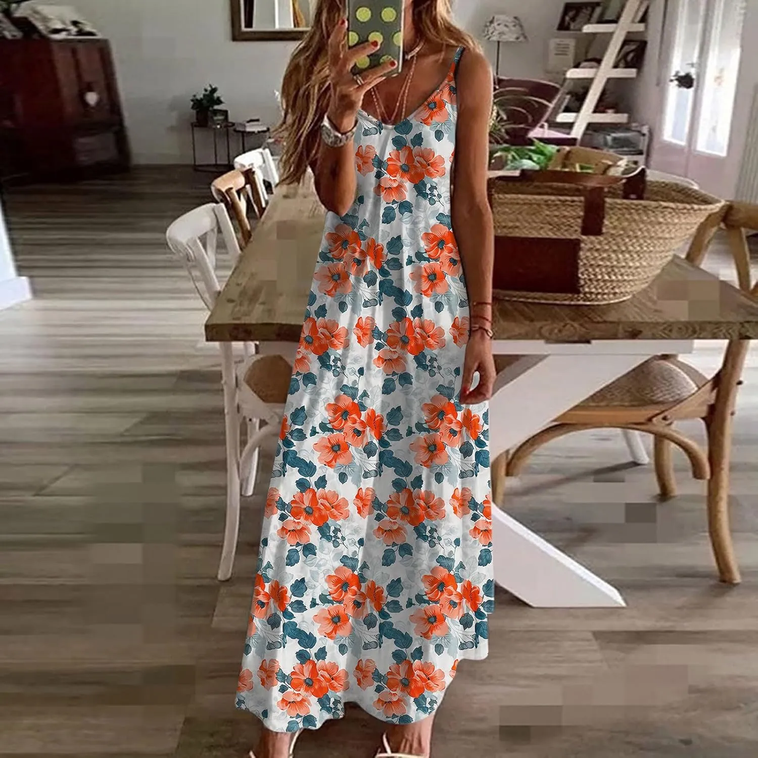 Summer Casual Dresses for Women Floral Vintage Summer Sleeveless Spaghetti Strap Dress Maxi V-Neck Casual Dresses
