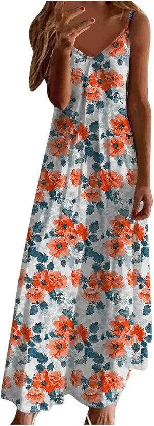 Summer Casual Dresses for Women Floral Vintage Summer Sleeveless Spaghetti Strap Dress Maxi V-Neck Casual Dresses