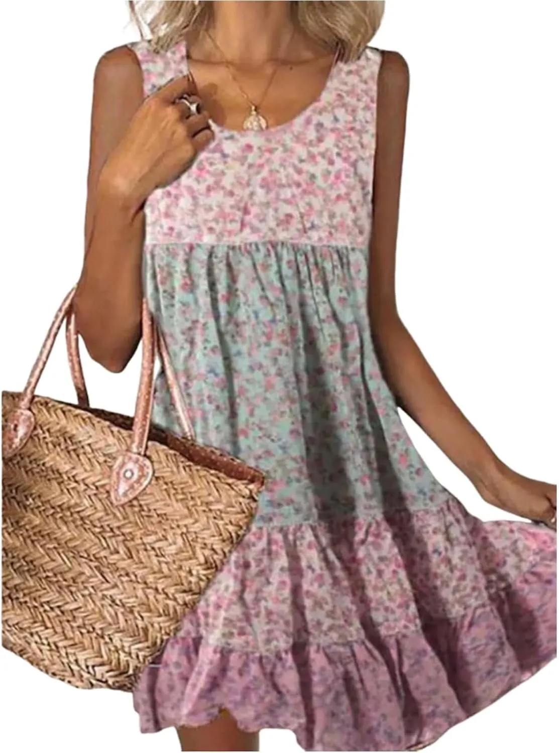 Summer Dress for Women Scoop Neck Sleeveless Mini Dress Layered Print Shift Dresses Casual Dresses