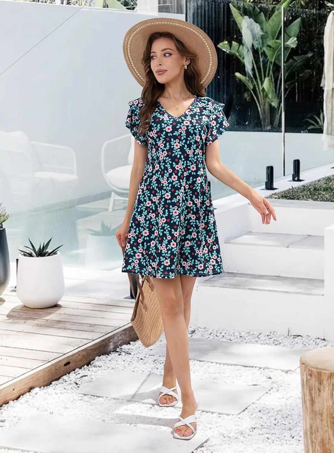 Summer Dresses for Women 2025 Casual Ruffle Sleeves Mini Dress Sundresses Floral Boho Beach Dresses with Pockets
