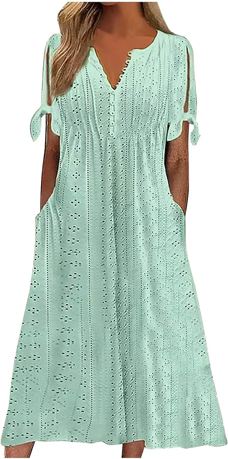 Summer Dresses for Women 2025 V Neck Eyelet Midi Dress Beach Vacation Short Sleeve Button Up Sundress with Pockets
