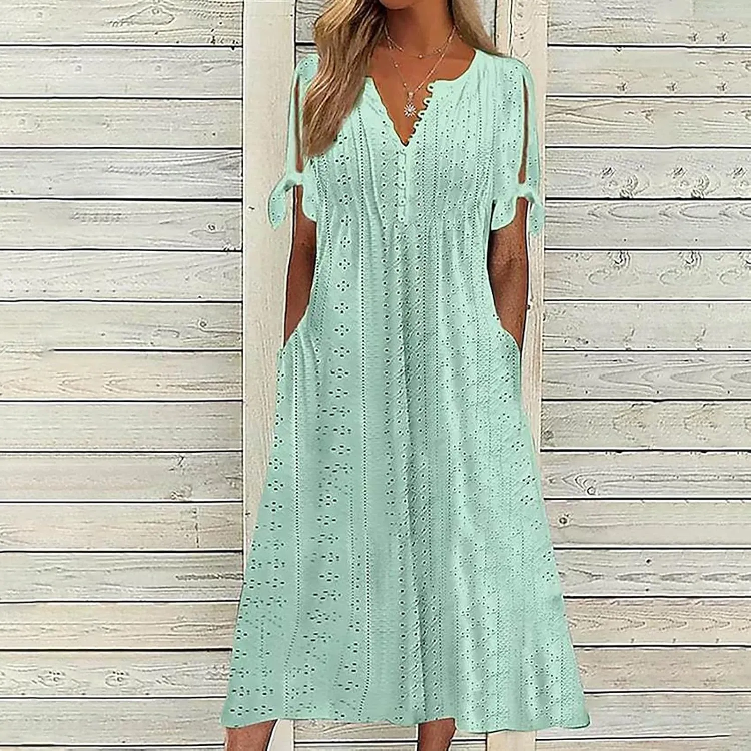 Summer Dresses for Women 2025 V Neck Eyelet Midi Dress Beach Vacation Short Sleeve Button Up Sundress with Pockets
