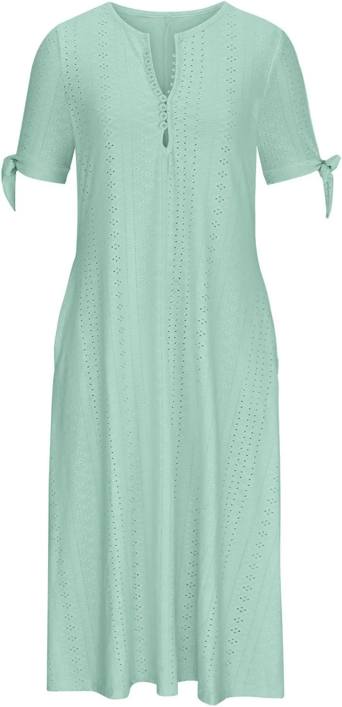 Summer Dresses for Women 2025 V Neck Eyelet Midi Dress Beach Vacation Short Sleeve Button Up Sundress with Pockets