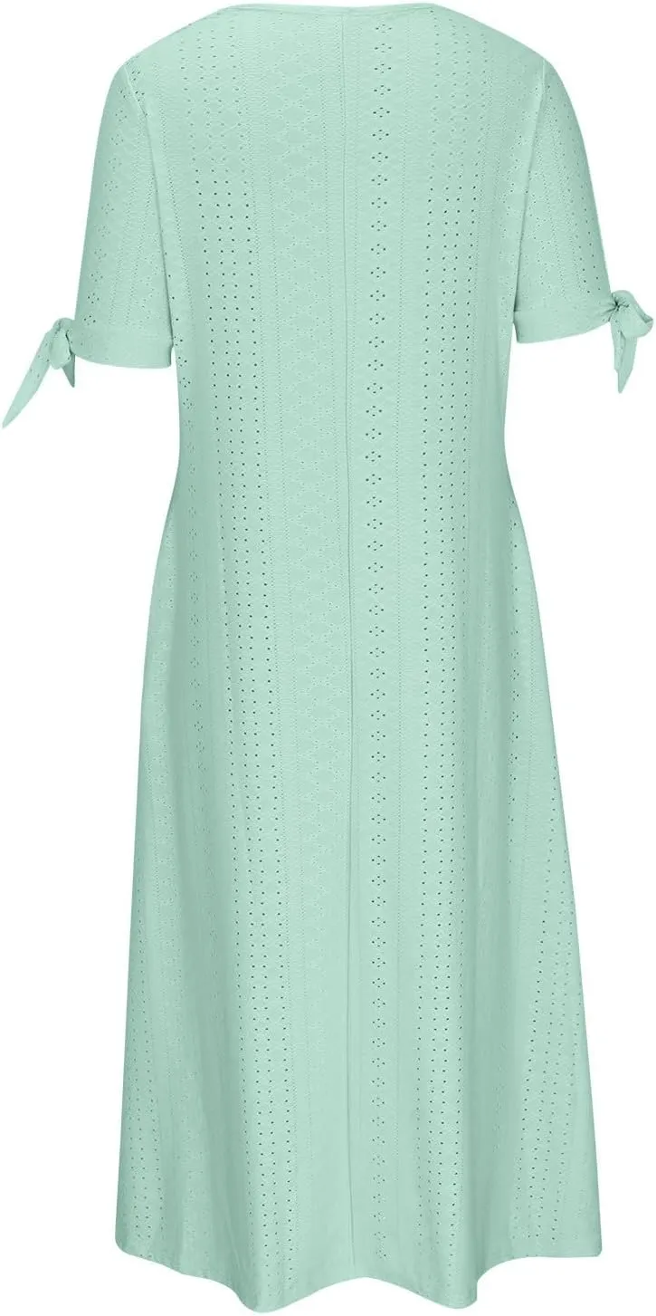 Summer Dresses for Women 2025 V Neck Eyelet Midi Dress Beach Vacation Short Sleeve Button Up Sundress with Pockets