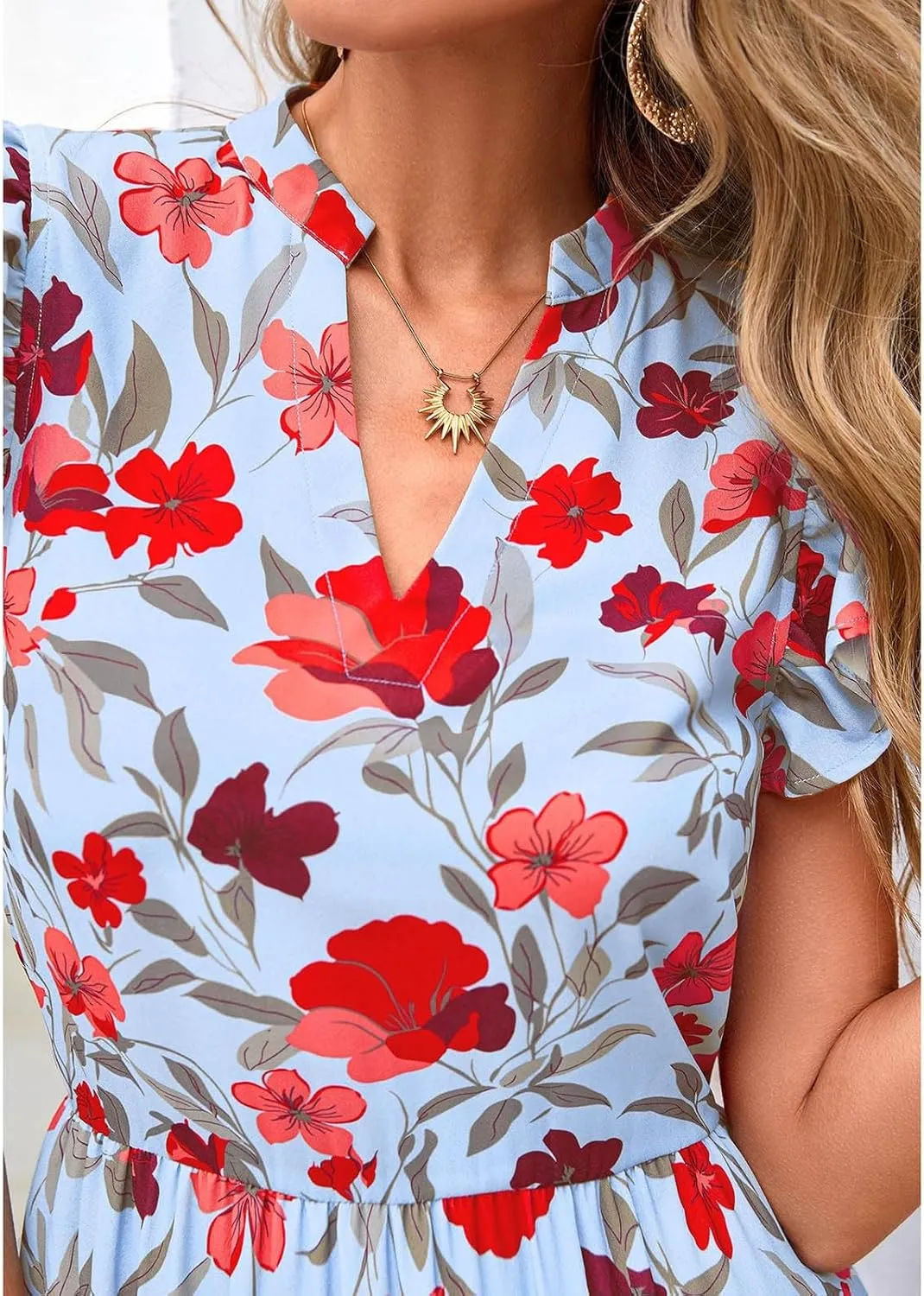 Summer Midi Dresses for Women 2025 Casual Boho Floral Beach Vacation Sundress V Neck Cap Sleeve Flowy Long Dresses