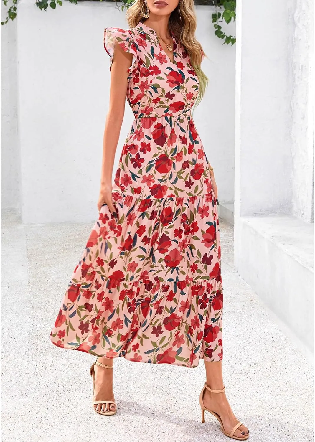 Summer Midi Dresses for Women 2025 Casual Boho Floral Beach Vacation Sundress V Neck Cap Sleeve Flowy Long Dresses