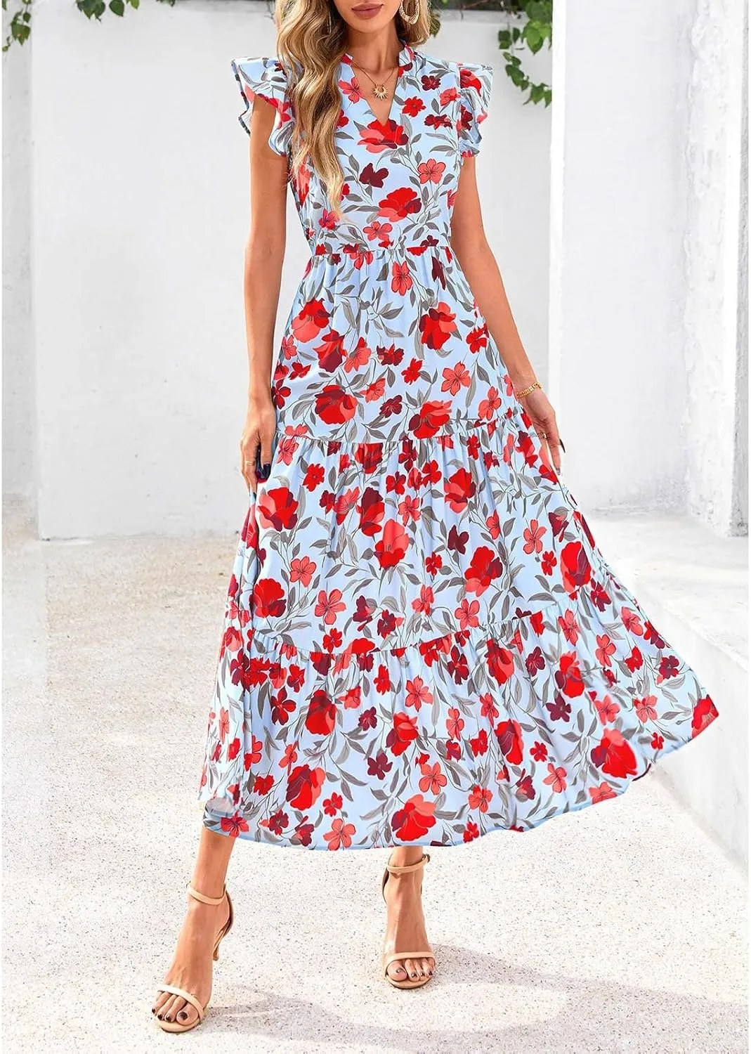 Summer Midi Dresses for Women 2025 Casual Boho Floral Beach Vacation Sundress V Neck Cap Sleeve Flowy Long Dresses