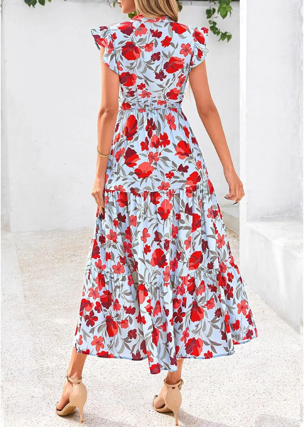 Summer Midi Dresses for Women 2025 Casual Boho Floral Beach Vacation Sundress V Neck Cap Sleeve Flowy Long Dresses