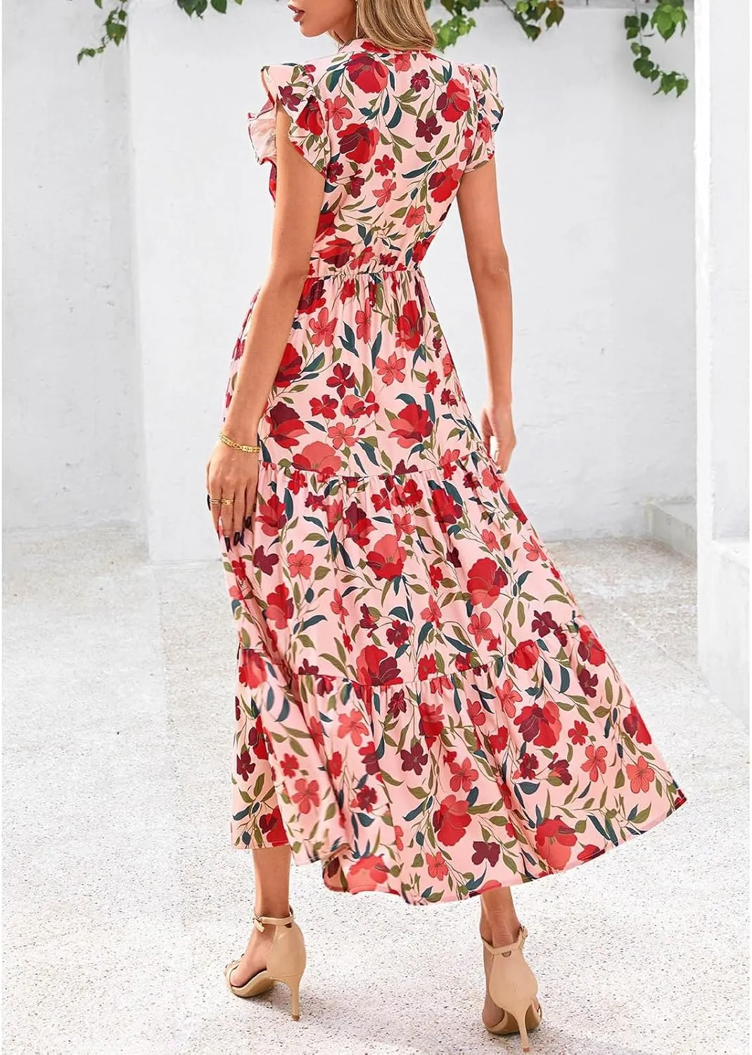 Summer Midi Dresses for Women 2025 Casual Boho Floral Beach Vacation Sundress V Neck Cap Sleeve Flowy Long Dresses