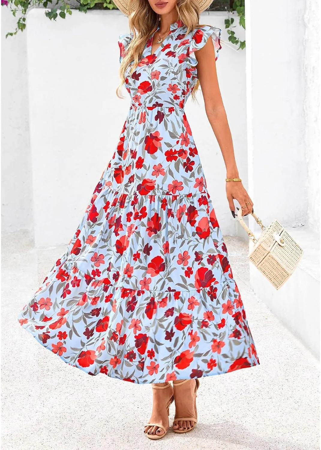 Summer Midi Dresses for Women 2025 Casual Boho Floral Beach Vacation Sundress V Neck Cap Sleeve Flowy Long Dresses