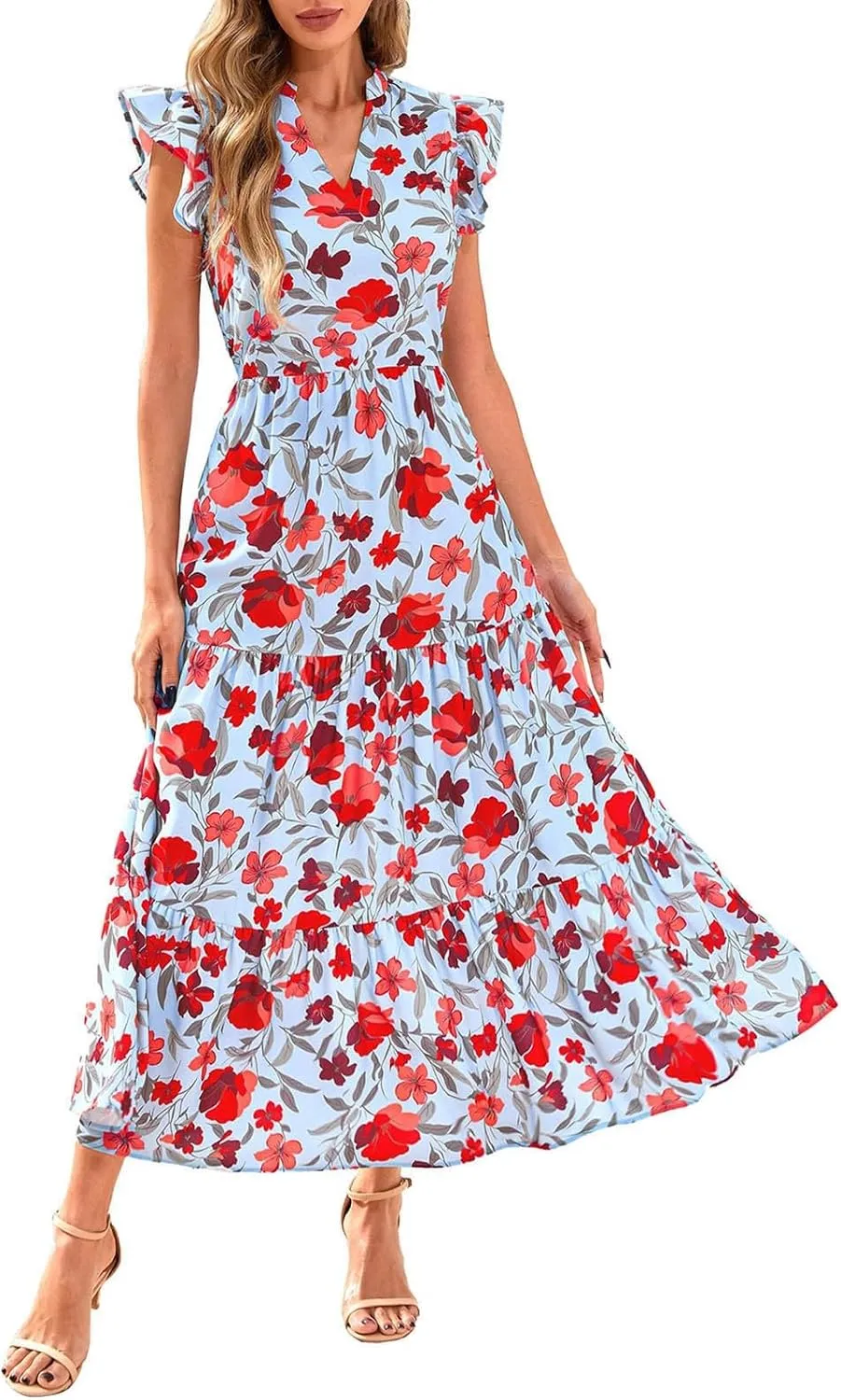 Summer Midi Dresses for Women 2025 Casual Boho Floral Beach Vacation Sundress V Neck Cap Sleeve Flowy Long Dresses