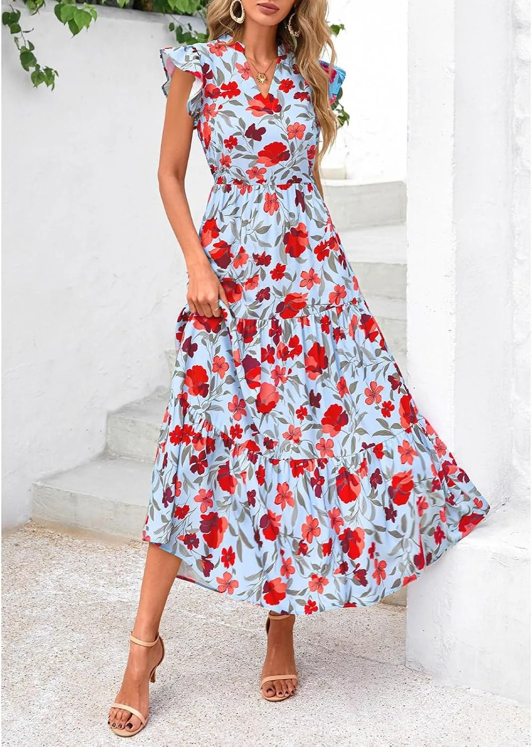 Summer Midi Dresses for Women 2025 Casual Boho Floral Beach Vacation Sundress V Neck Cap Sleeve Flowy Long Dresses