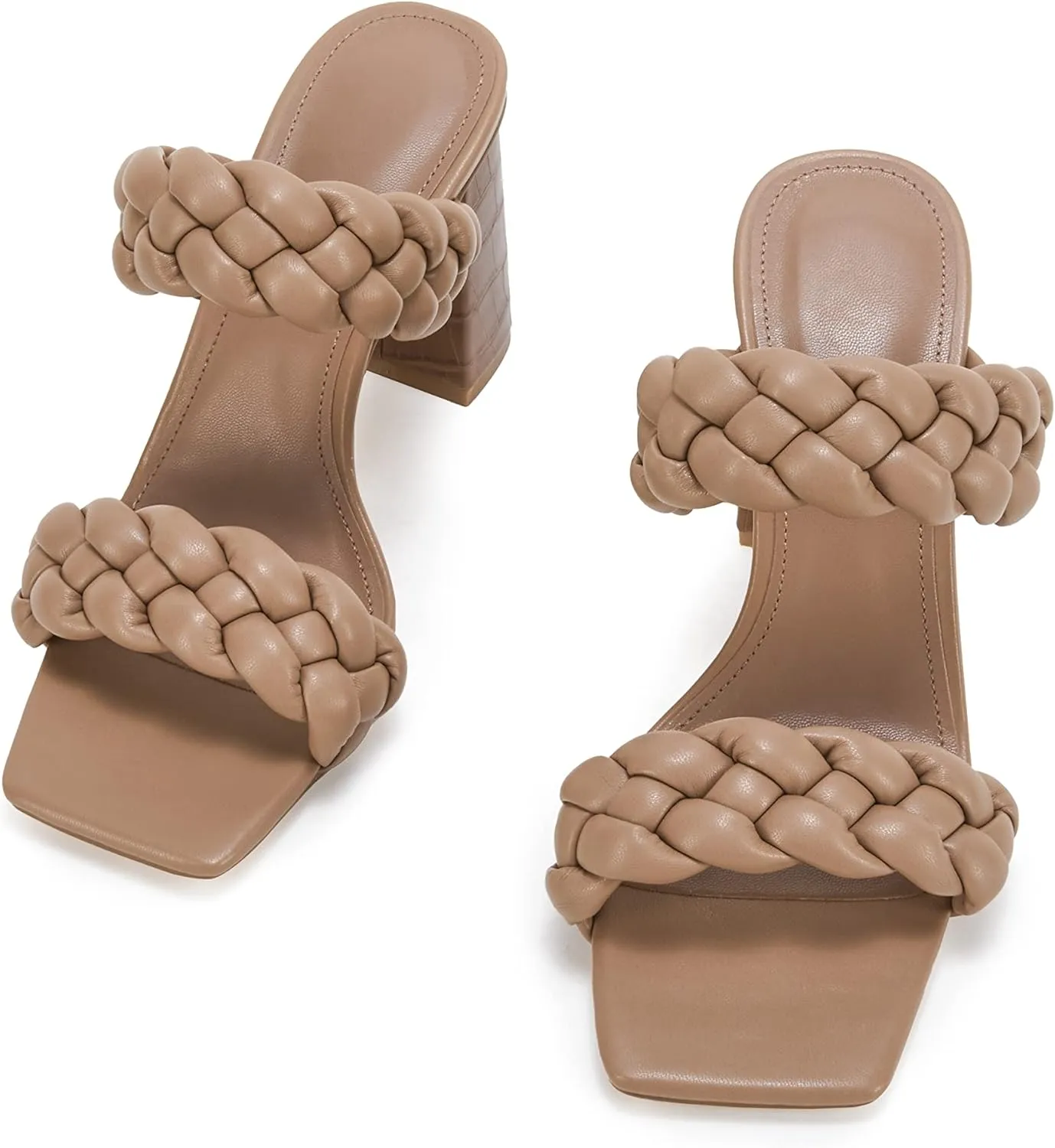 Syktkmx Women's Braided Heeled Sandals Backless Square Open Toe Block Slide Sandals