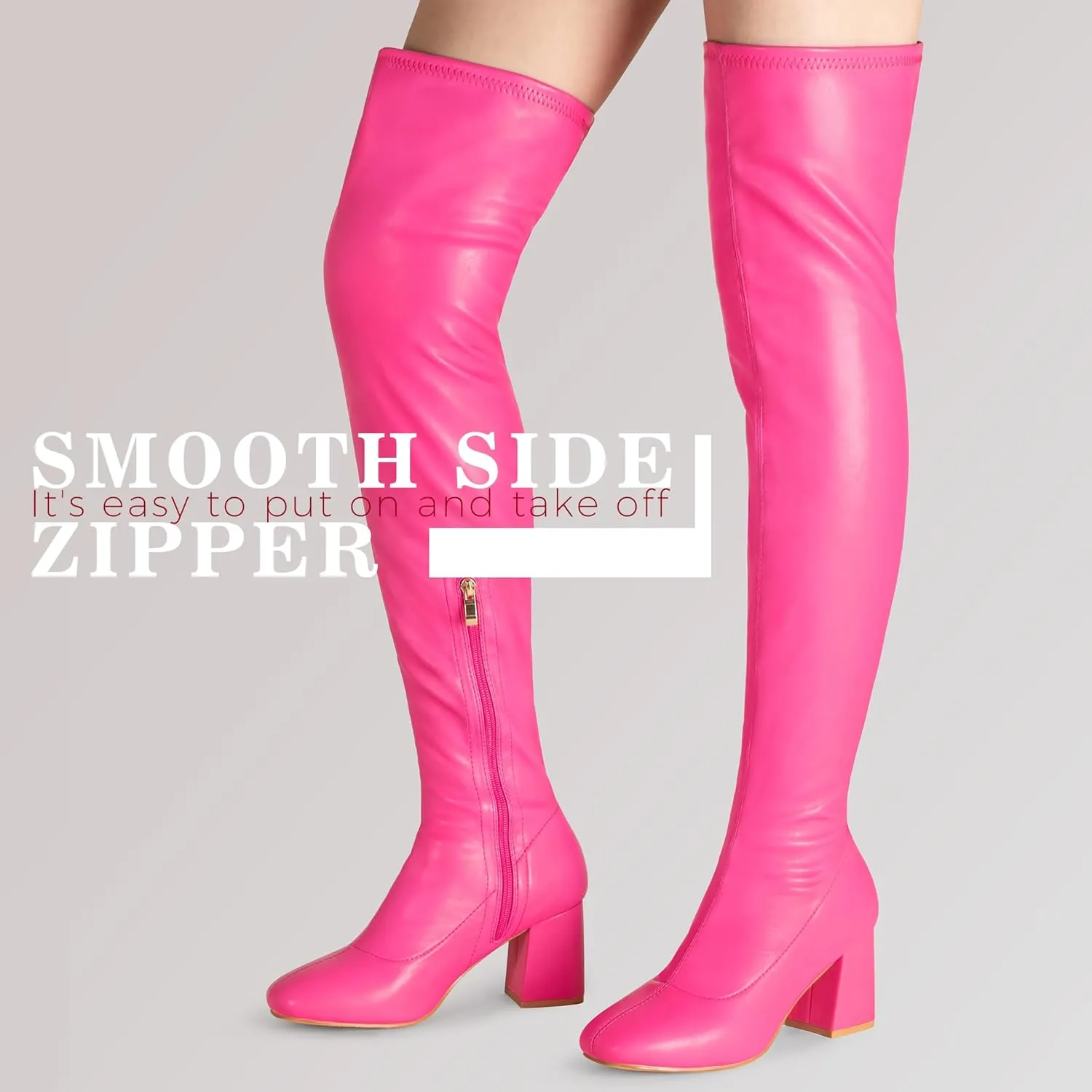 syztsho Thigh High Boots for Women Patent Leather PU Chunky Heel Over The Knee Boot Sexy Square Toe Side Zipper GOGO Boots