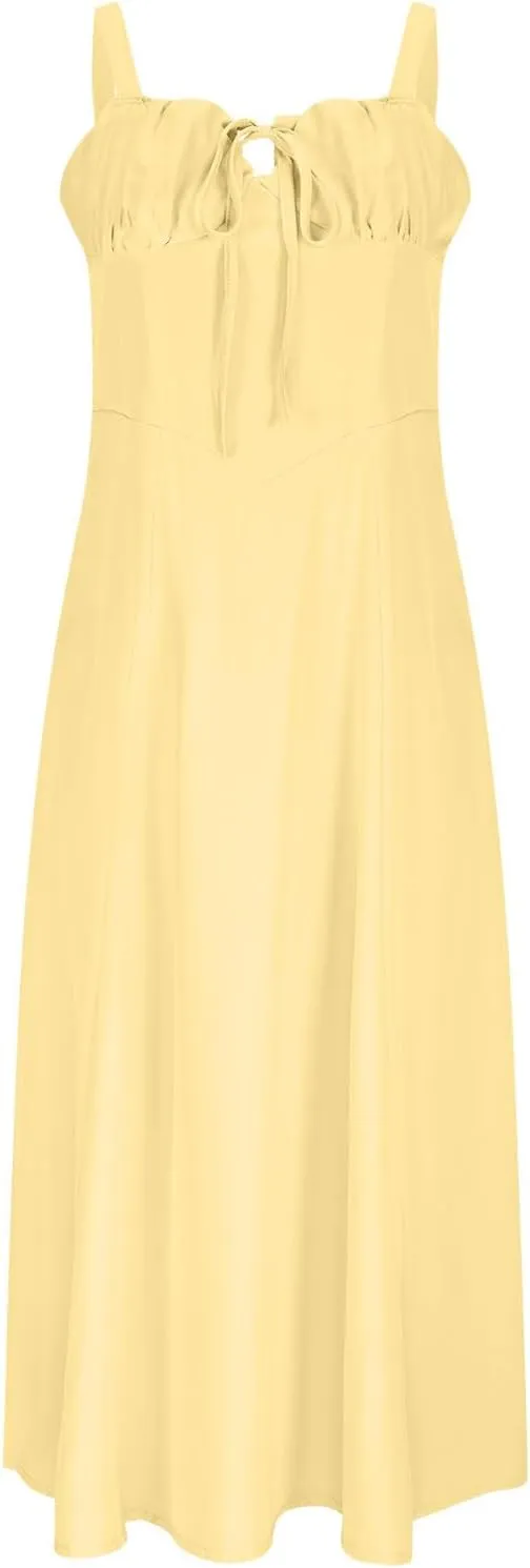 Tie Front Midi Dress for Women Sleeveless Summer Drawstring Ruffle Straps A Line Split Casual Flowy with Pockets