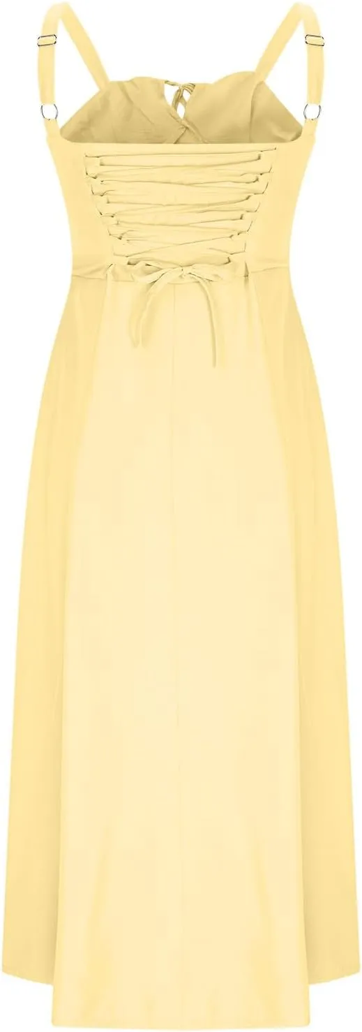 Tie Front Midi Dress for Women Sleeveless Summer Drawstring Ruffle Straps A Line Split Casual Flowy with Pockets
