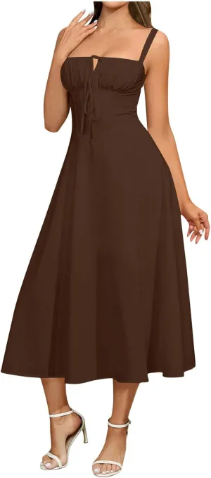 Tie Front Midi Dress for Women Sleeveless Summer Drawstring Ruffle Straps A Line Split Casual Flowy with Pockets