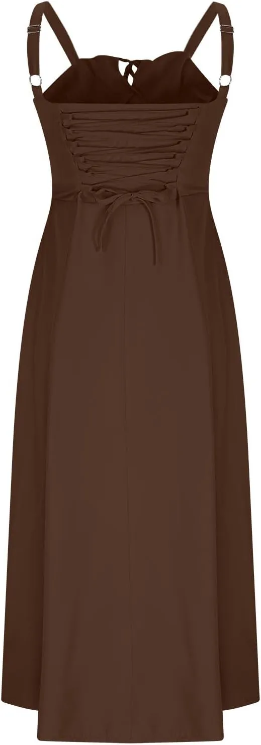 Tie Front Midi Dress for Women Sleeveless Summer Drawstring Ruffle Straps A Line Split Casual Flowy with Pockets