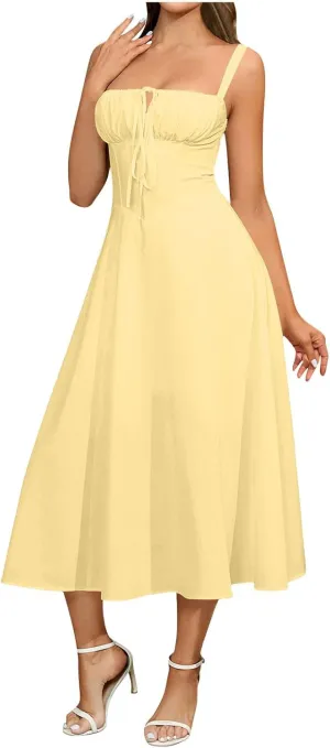 Tie Front Midi Dress for Women Sleeveless Summer Drawstring Ruffle Straps A Line Split Casual Flowy with Pockets