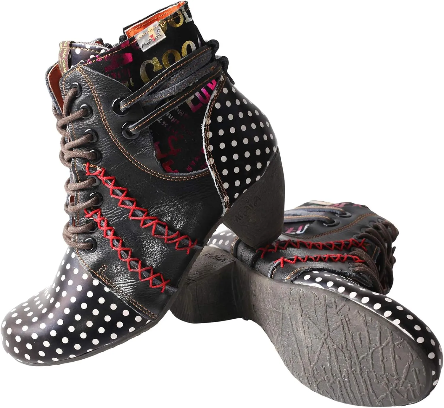 TMA EYES Polka Dot LEather Women Boots With Moccasin Hand Stitching