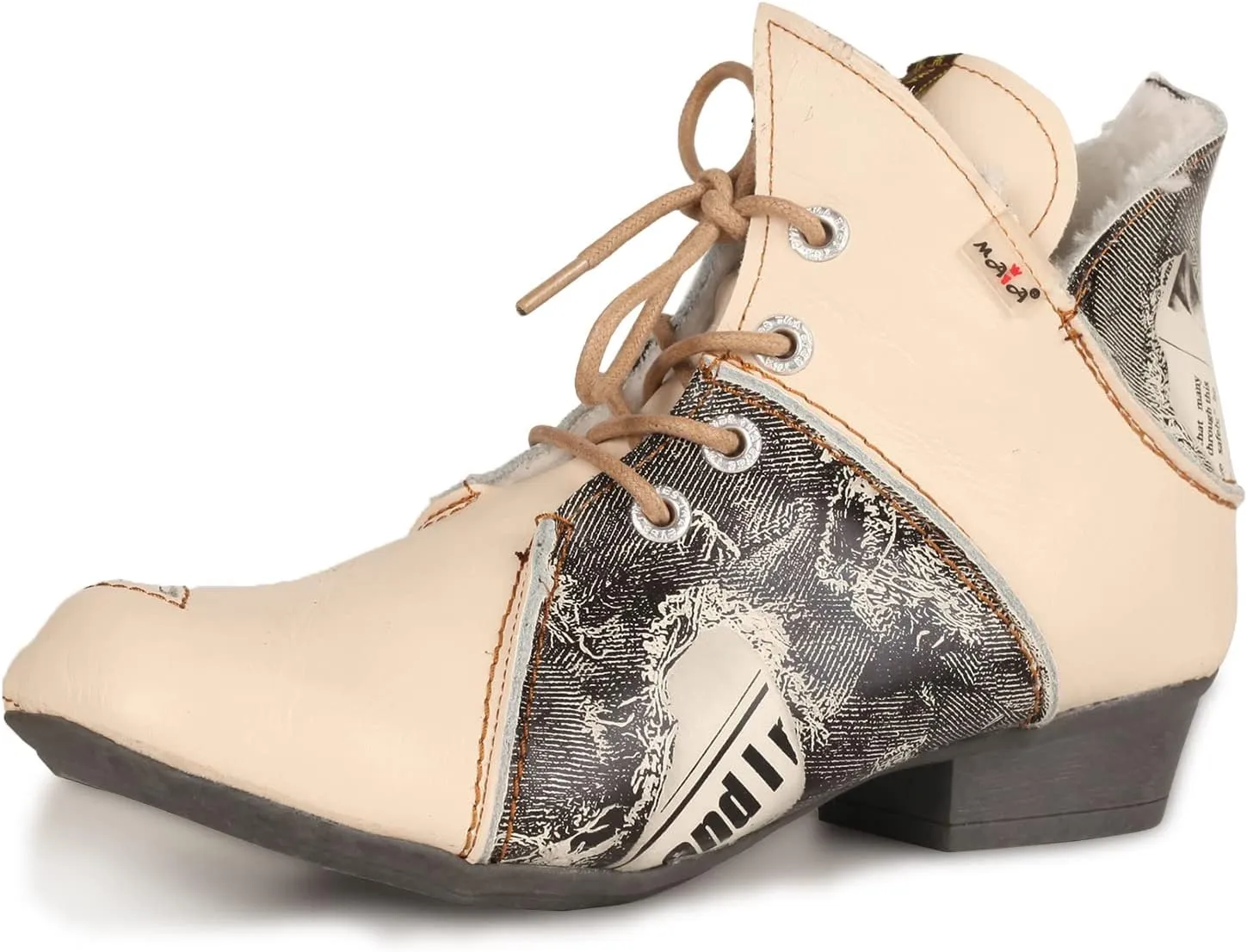 TMA EYES Women's Ankle Boots V Cutout Patchwork Booties Low Heel Lace-up Boots