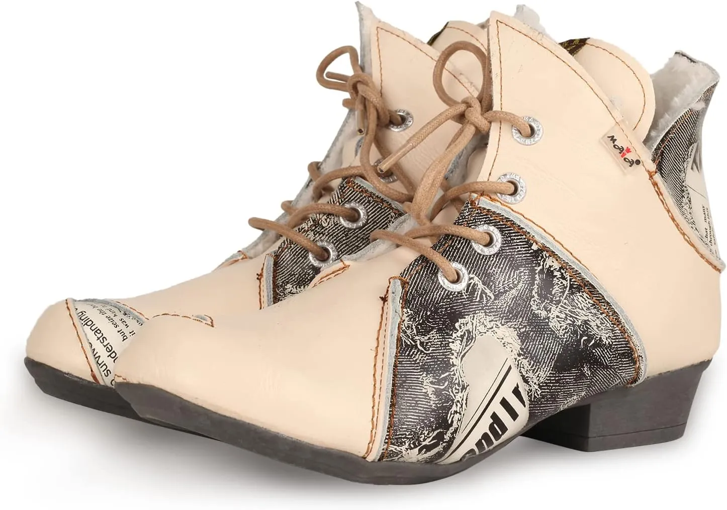TMA EYES Women's Ankle Boots V Cutout Patchwork Booties Low Heel Lace-up Boots