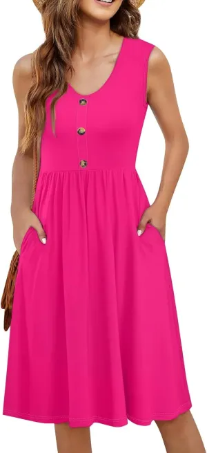 UQRZAU Women's Casual Fashion Sexy V-Neck Button Decoration Sleeveless Solid Color Waist Dress