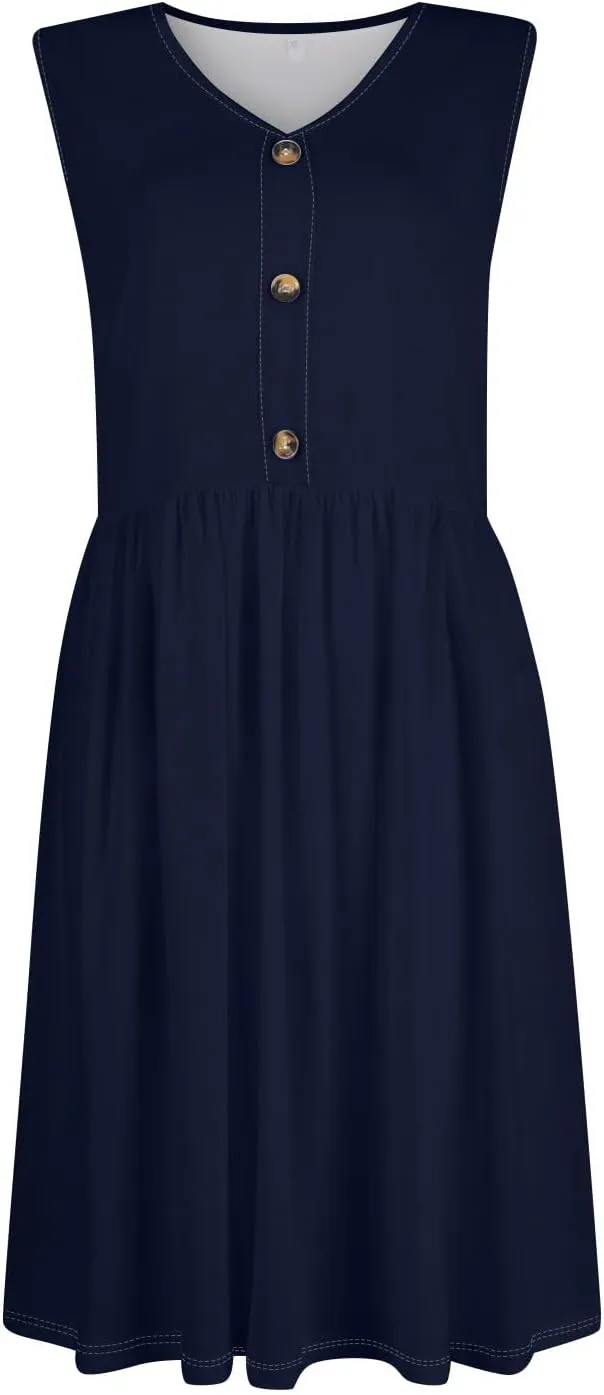 UQRZAU Women's Casual Fashion Sexy V-Neck Button Decoration Sleeveless Solid Color Waist Dress