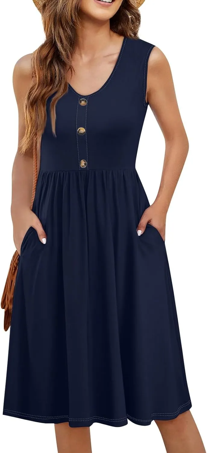 UQRZAU Women's Casual Fashion Sexy V-Neck Button Decoration Sleeveless Solid Color Waist Dress
