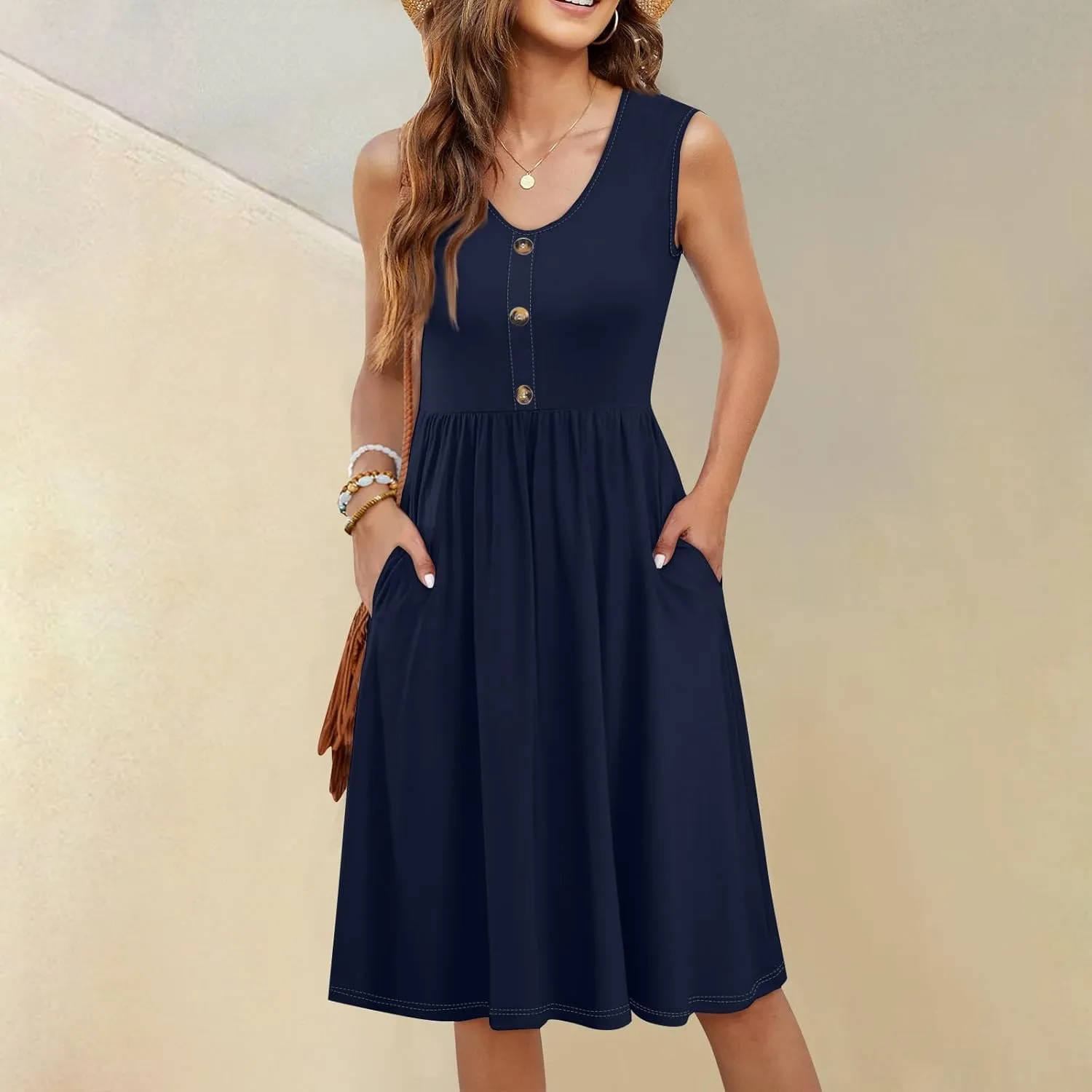 UQRZAU Women's Casual Fashion Sexy V-Neck Button Decoration Sleeveless Solid Color Waist Dress
