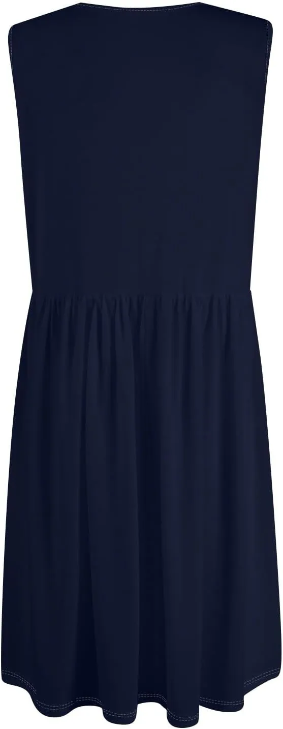 UQRZAU Women's Casual Fashion Sexy V-Neck Button Decoration Sleeveless Solid Color Waist Dress