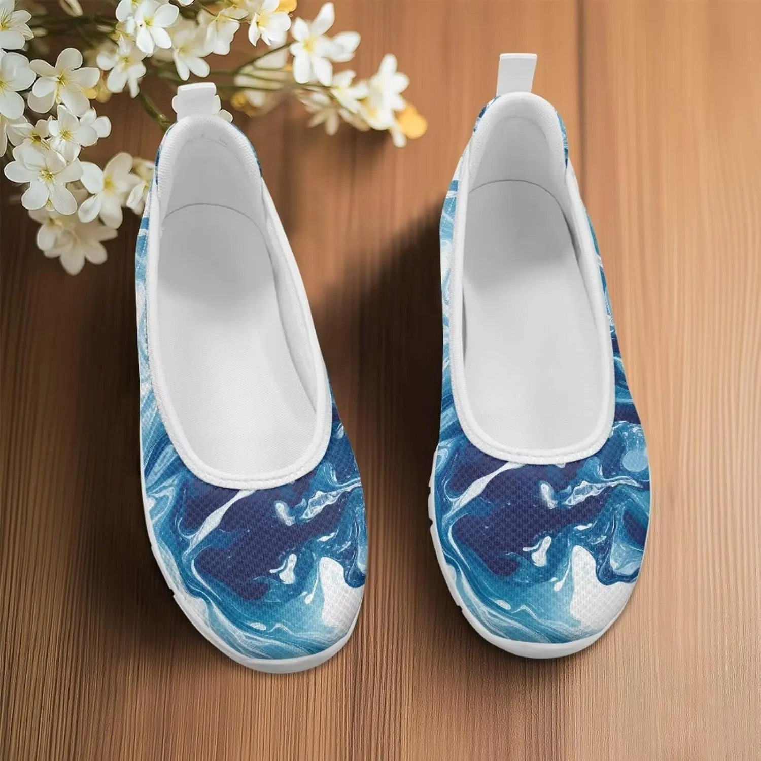 Various Stylish Marble Print Ballet Flats Shoes for Women Round Toe Slip On Mesh Casual Sneakers Fit Comfort Outdoor Walking Platform Loafers