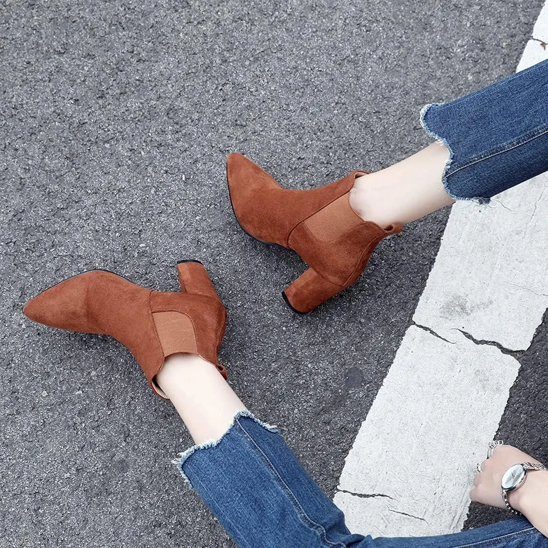 VOKLIN Women's Chunky Block High Heels Ankle Boots Pointed Toe Suede Elastic Side Panel Dressy Short Booties